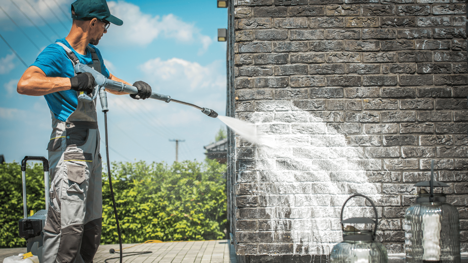 A man using a water hose to clean a brick wall