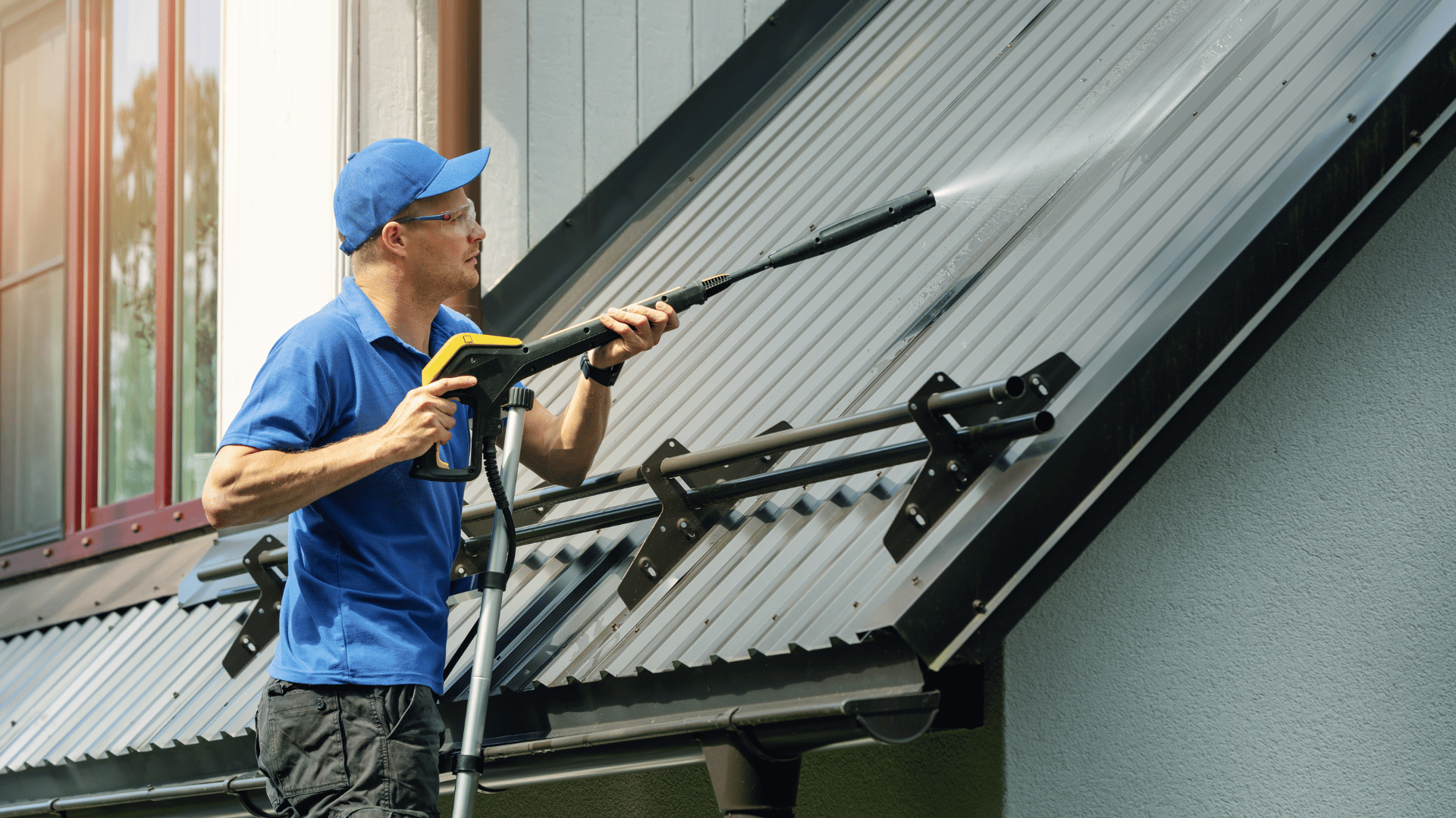 A man in a blue shirt is using a pressure washer